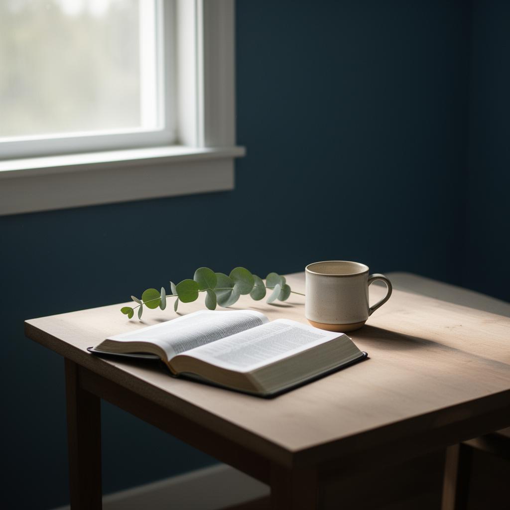 A quiet, light-filled counseling setting with an open Bible